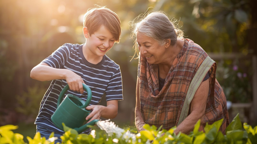 A boy helping an elderly neighbor find joy again