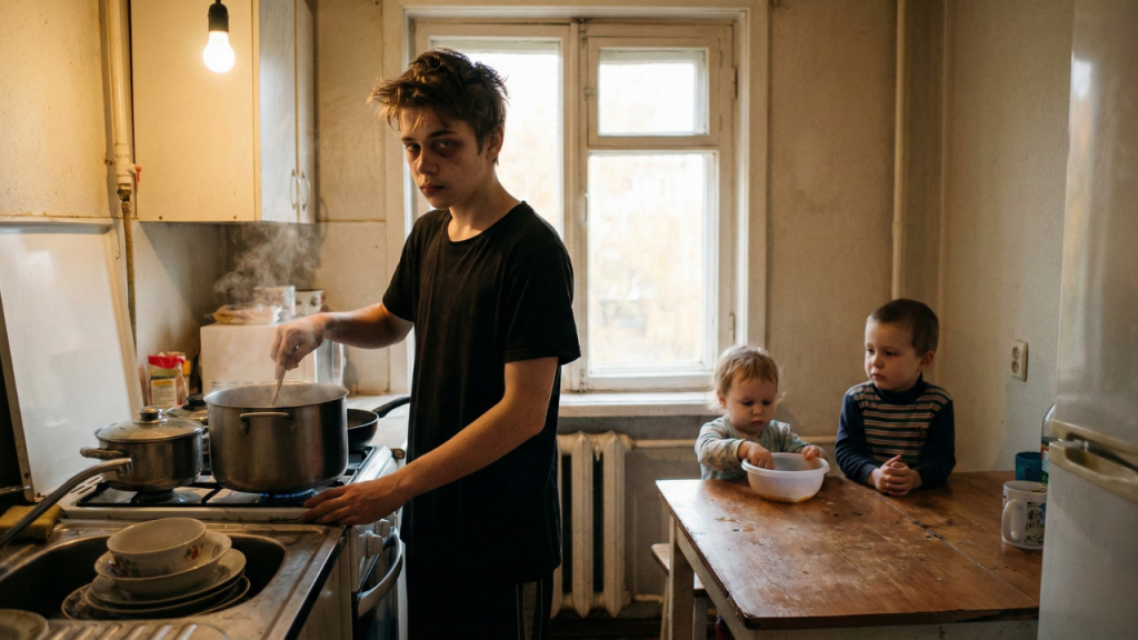 A child raising their younger siblings after losing their parents