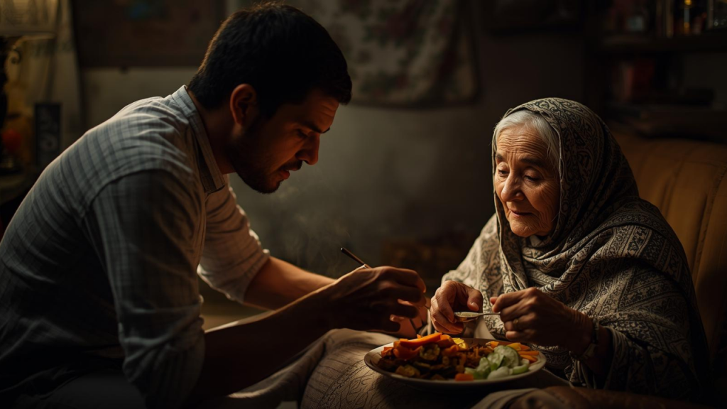 A son caring for his aging mother