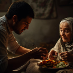 A son caring for his aging mother